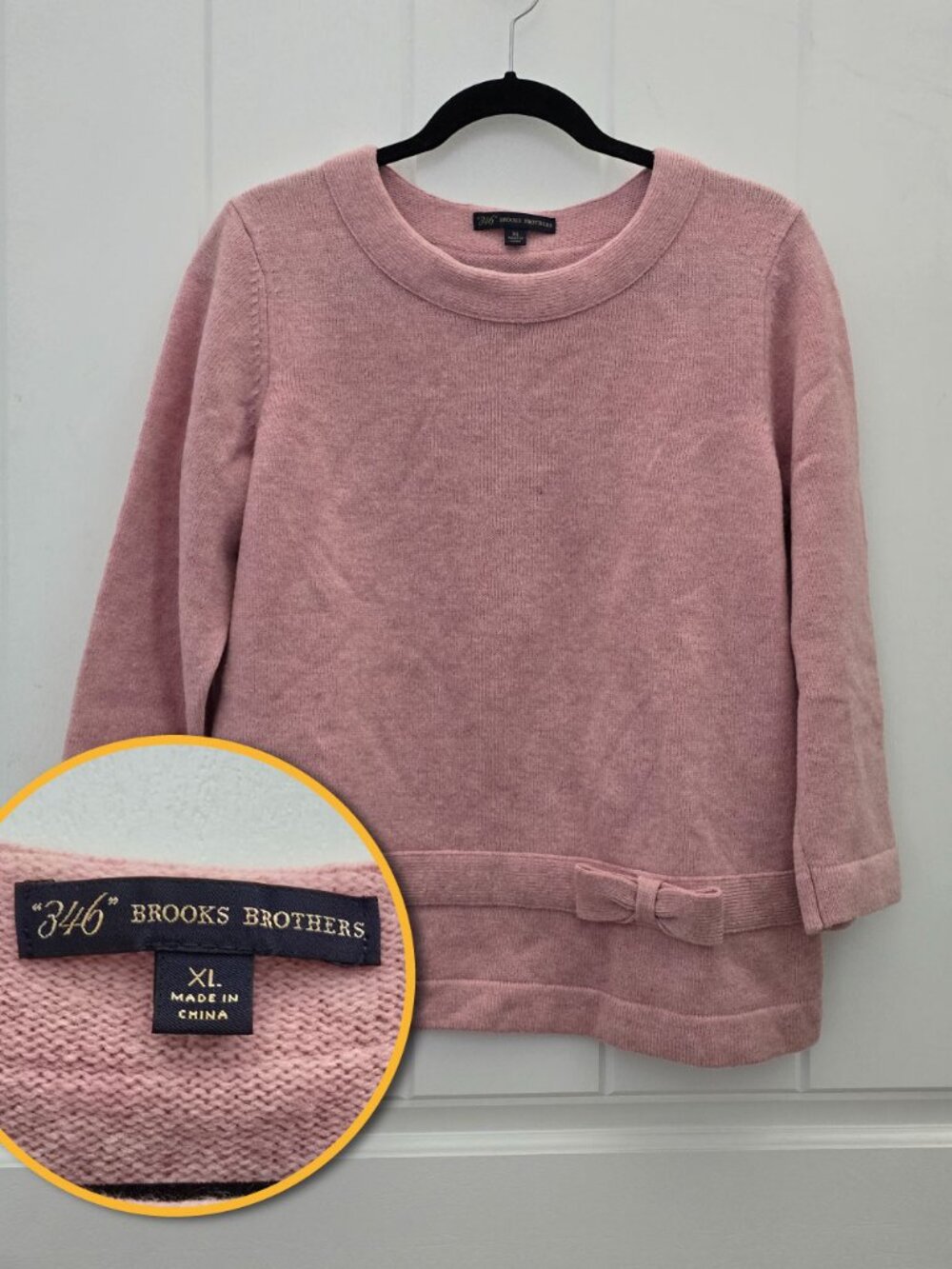Brooks Brothers 346 Wool Sweater XL Pink Bow Detail Crewneck Sweater